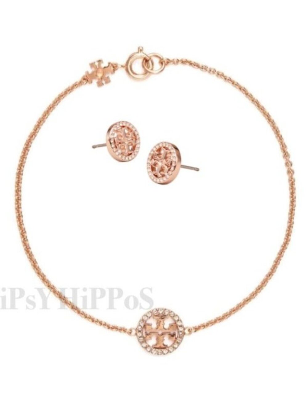 Tory Burch Rose Gold MILLER PAVÉ CHAIN BRACELET AND STUD EARRING SET.   727T40P